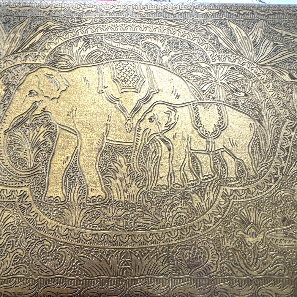 HAND TOOLED ENGRAVED SOLID BRASS STASH BOX CHEST ELEPHANT OX LION ELK HUNTER