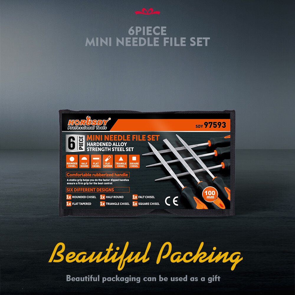 6PC Needle File Set Flat Square Triangular Round Half-Round Strength Roll Pouch