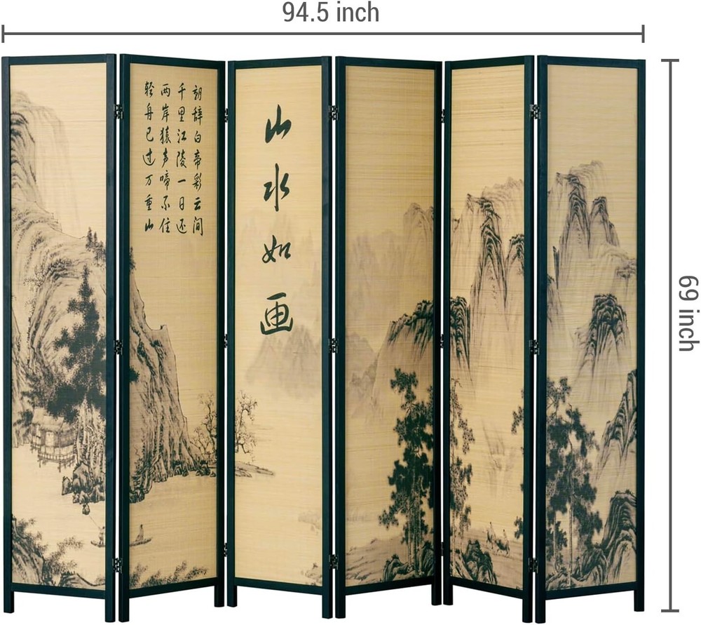 6-Panel Bamboo Screen Freestanding Room Divider with Asian Calligraphy Artwork