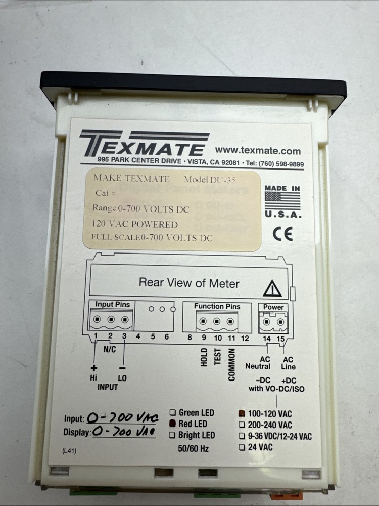 TEXMATE Panel Meter 0-700 VAC DU-35 120V