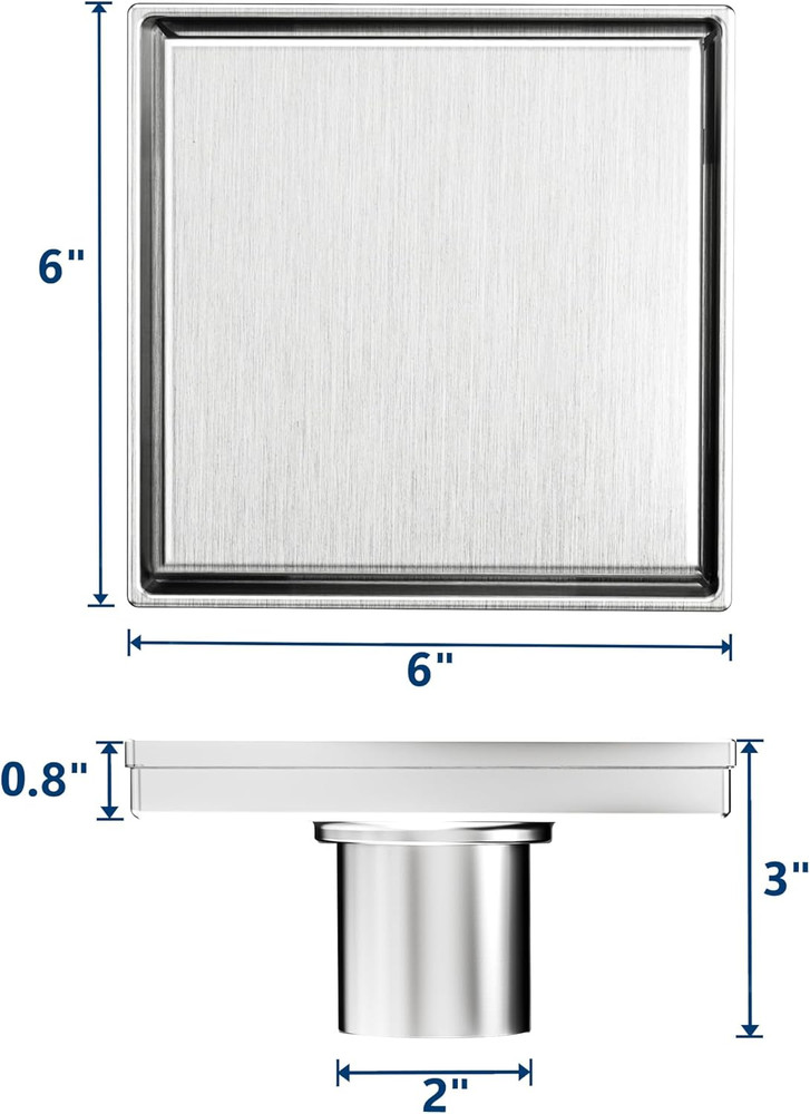 6-Inch Square Shower Drain with Removable Tile Insert Grate,Brushed 304 Stainles