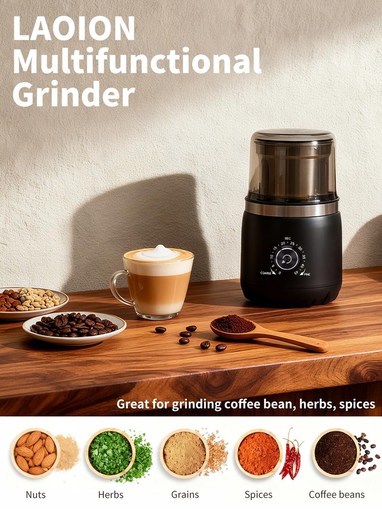 Coffee Grinder with Silent Grinding Blades & Timer Knob to Adjustable Coarse ...