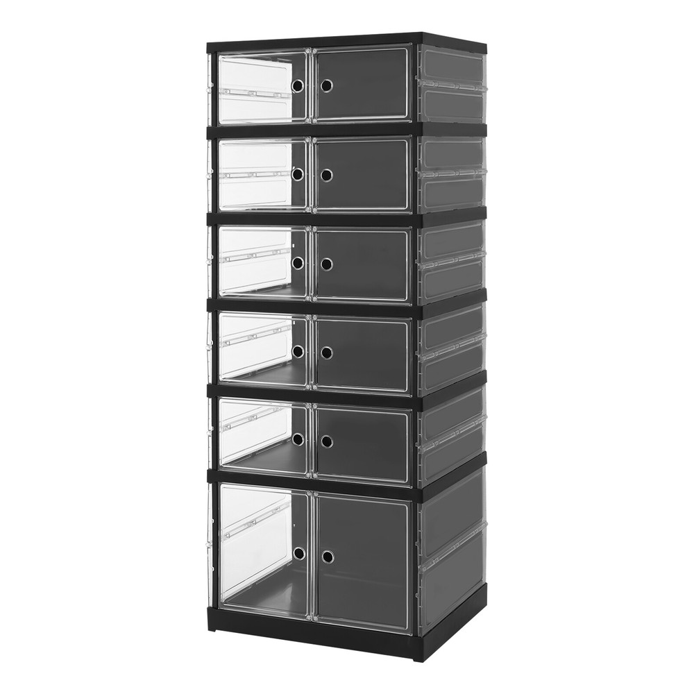 6 Tiers Shoe Storage Box Black Stackable Shoe Container Sneaker Organizer