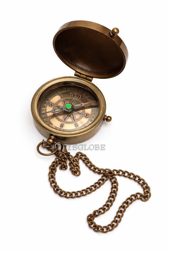 Vintage Brass Compass Set with Leather Case & Chain