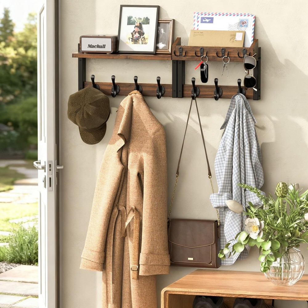 29'' Rustic Coat Rack Wall Mount with Shelf, Solid Wood Coat and Key Hanger w...