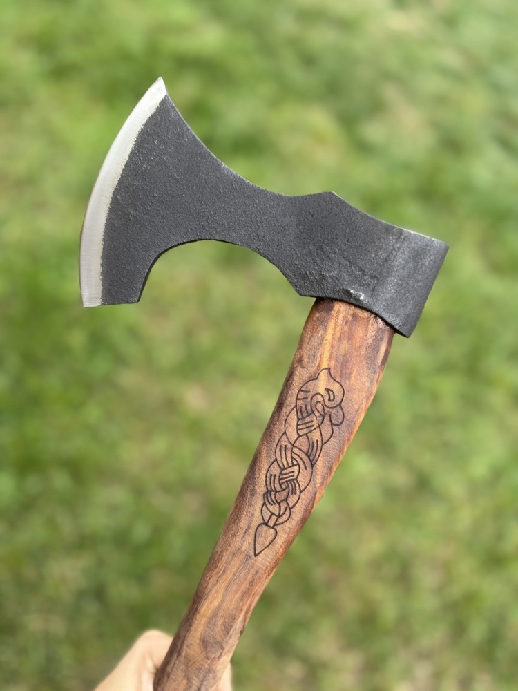 Custom Handmade Carbon Axe Engraved Handle With Leather Sheath
