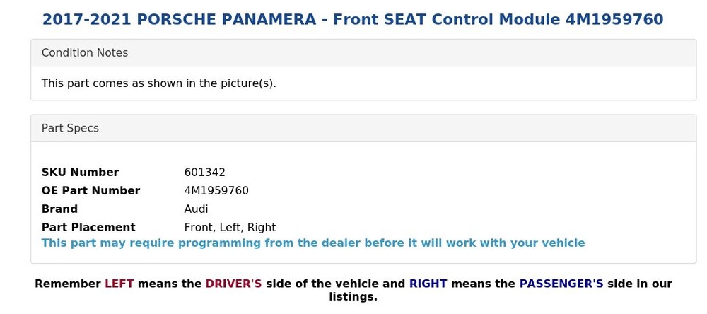2017-2021 PORSCHE PANAMERA - Front SEAT Control Module 4M1959760