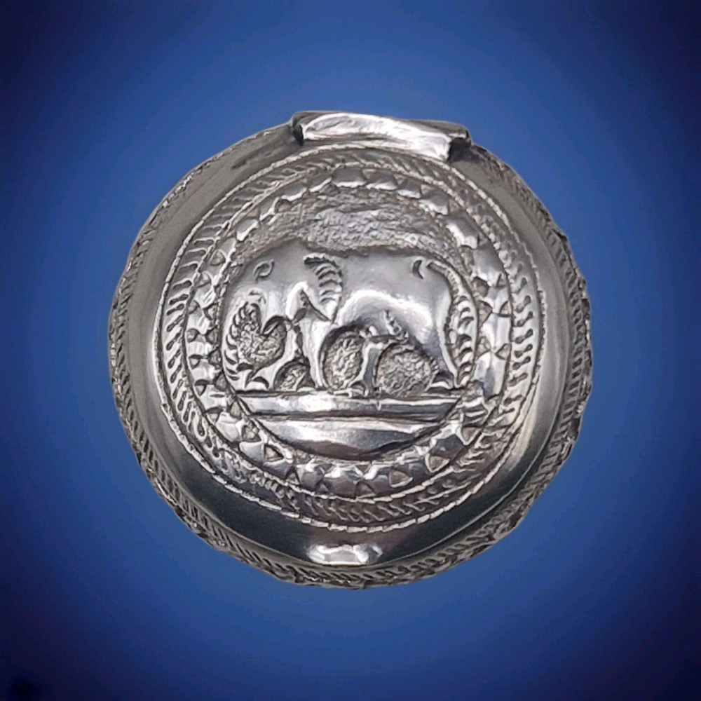 Antique Silver Hinged Pill Box with Repoussé Elephant Motif