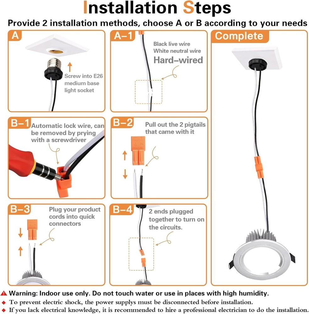 E26 Socket Adapter, 6 Pack Light Bulb Socket Pigtail, Screw in Male Light Socket