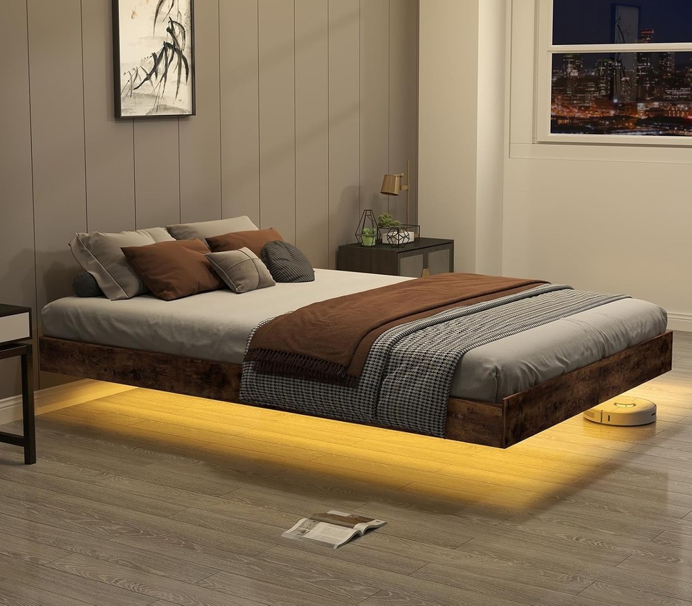 Floating Full/Queen/King Bed Frame with LED Lights, No Box Spring Needed