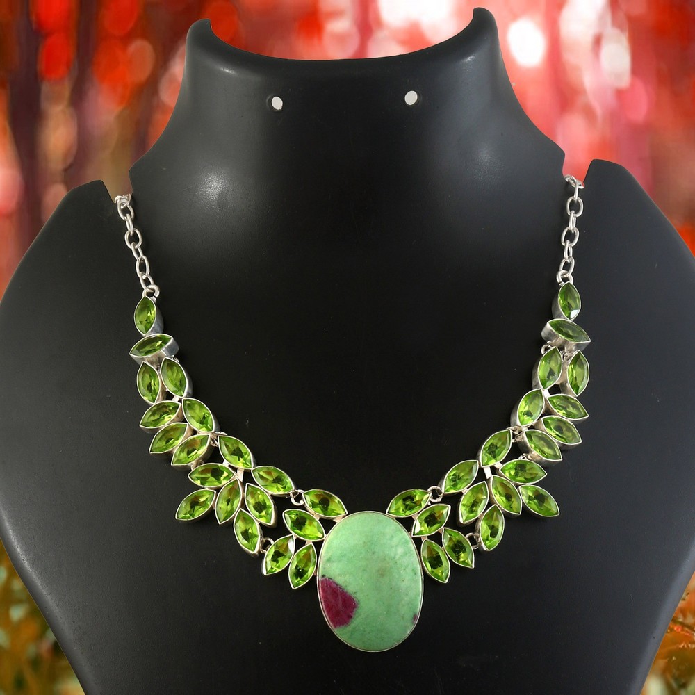 Silver Plated Green Peridot Statement Necklace Handmade Leaf Design Ethnic