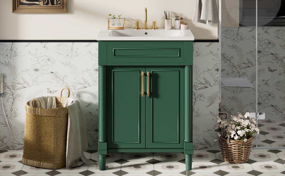 24 in Small Bathroom Vanity w/ Ceramic Sink & 2 Doors, Solid Wood&MDF, Green
