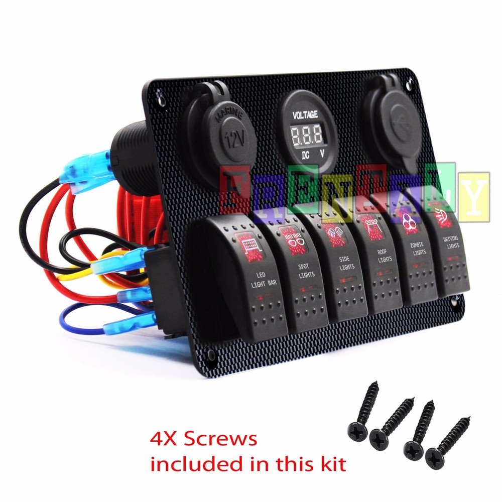 Red#1 CF 6 Gang Car Rocker Switch Panel USB Socket Power Plug Voltmeter Charger