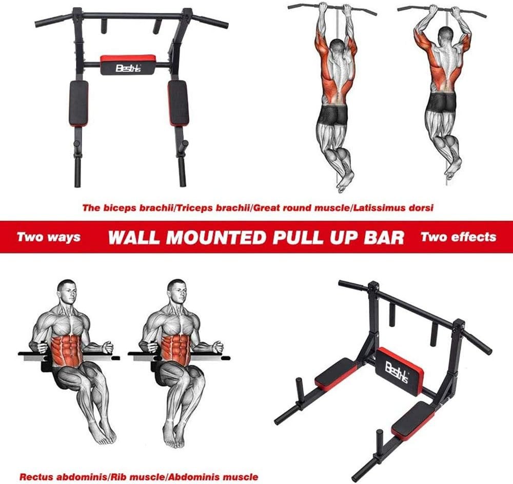 BESTHLS Wall Mounted Pull Up Bar and Dip Station, Heavy Duty Wall Mount Pull-up