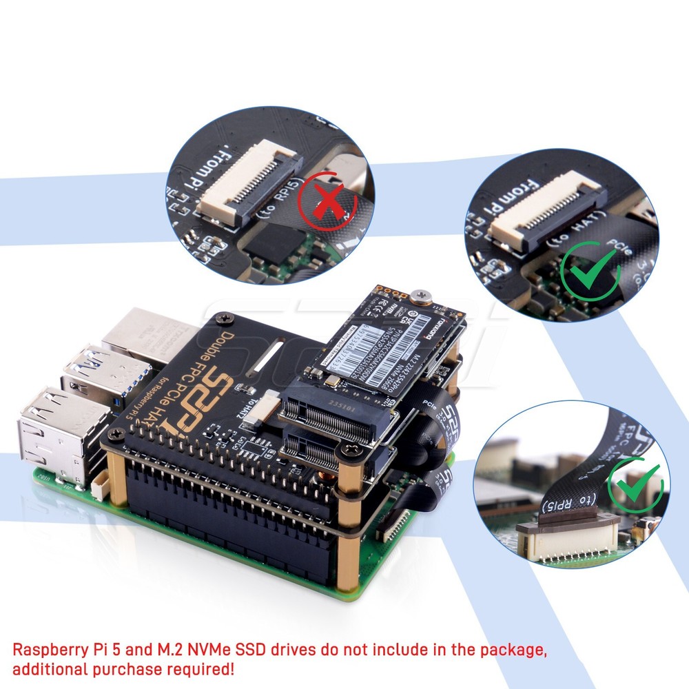 B12 Double FPC PCIe HAT Adapter Board for Raspberry Pi 5