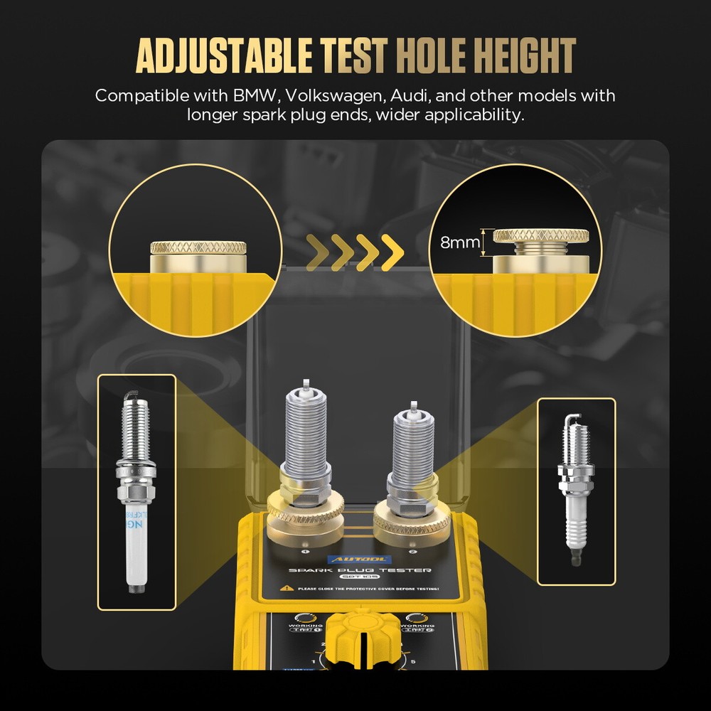 AUTOOL SPT105 Spark Plug Tester, 2HOLE Adjust Height, Car Ignition Analyzer 12V