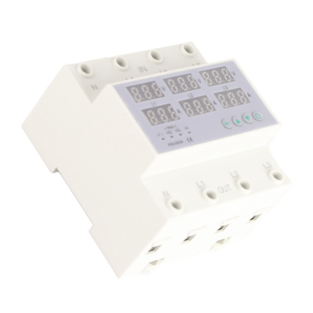 63A 3Phase DIN Rail Voltmeter Ammeter Auto-Overvoltage Overcurrent Protector AC