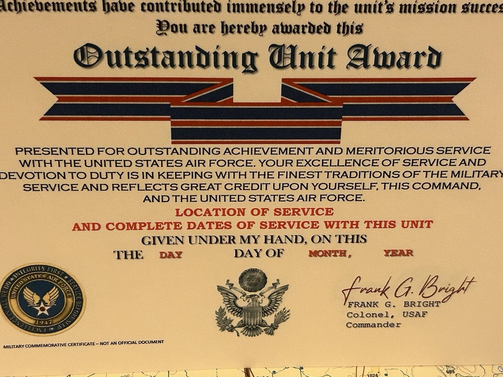 U.S. AIR FORCE / FIRST AIR FORCE - OUTSTANDING UNIT AWARD CERTIFICATE