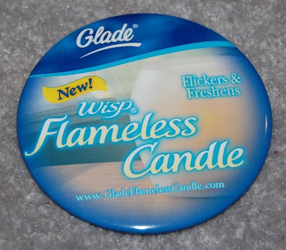 GLADE WISP FLAMELESS CANDLE METAL PINBACK BUTTON