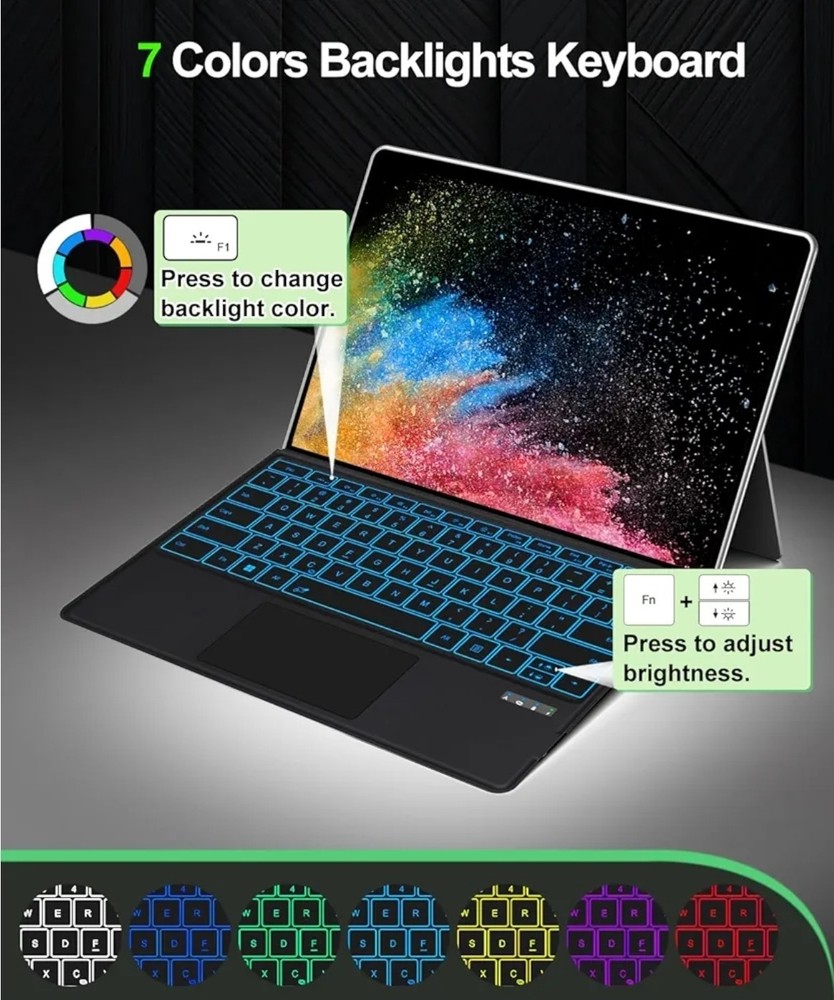 Inateck Surface Pro 7/7+/6/5/4 Keyboard, Bluetooth, 7-Color Backlight, Touchpad