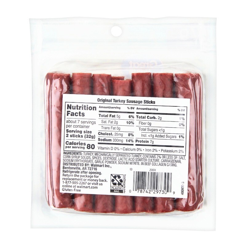 (4 pack) Great Value Original Turkey Sausage Sticks Resealable Plastic Package