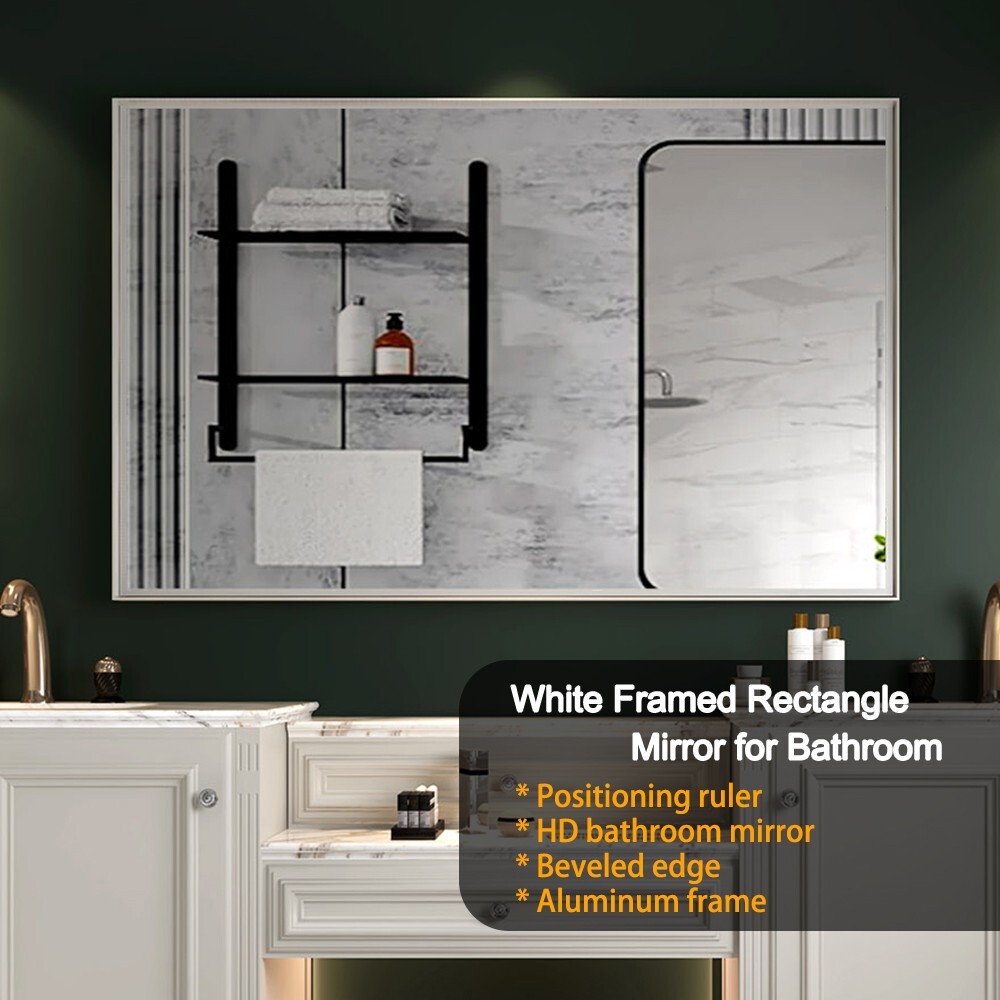 40x30 Inch Glossy White Rectangular Wall-Mounted Bathroom Mirror with Beveled