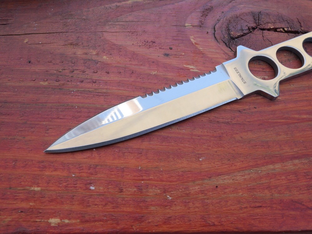 9” Fixed Blade Diving Knife Mirror Finish Chrome Spear Point Adjustable Legstrap