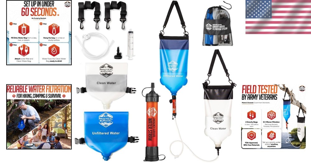 High Capacity Gravity Water Filter System with 2 Lightweight Hanging Bags - 6...