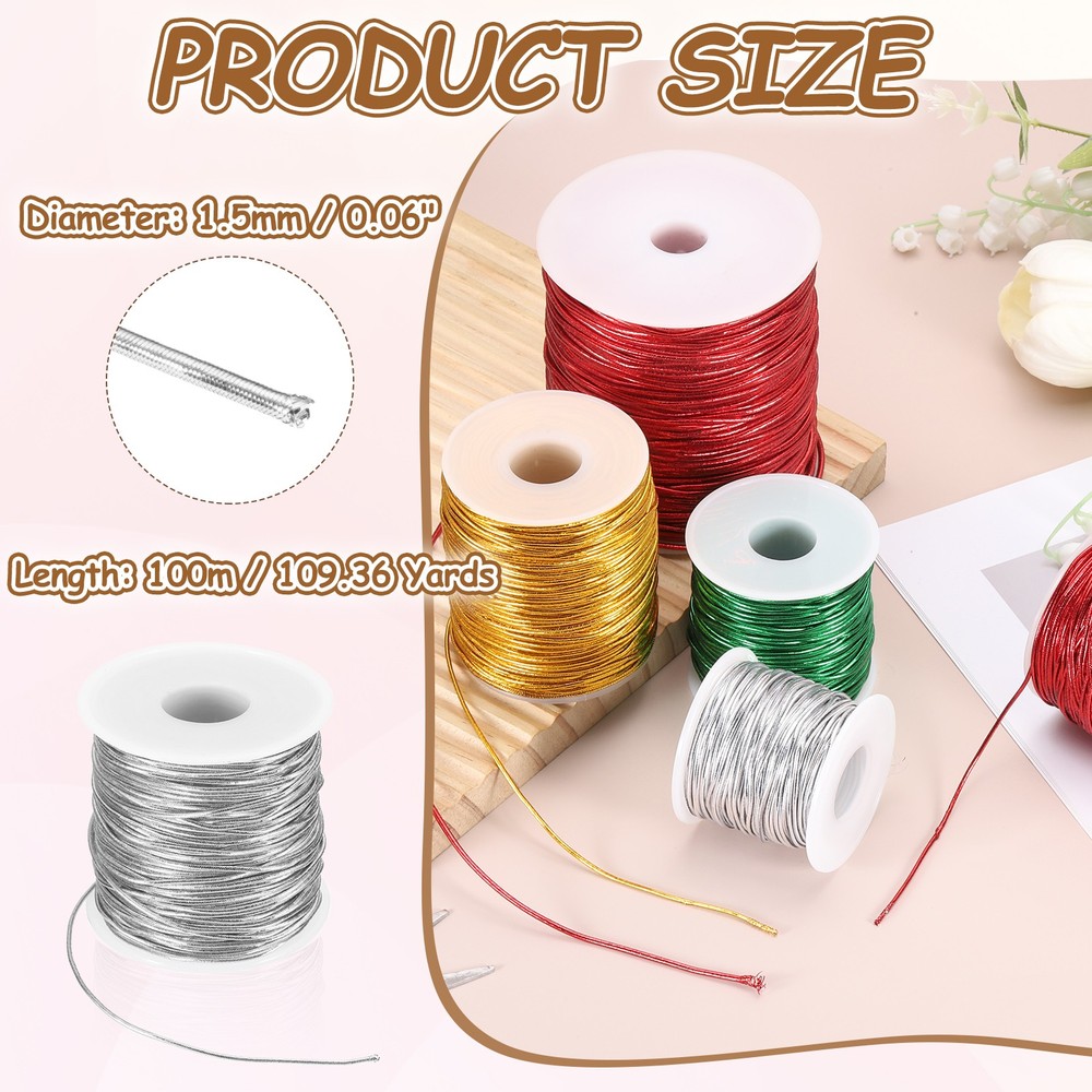 1.5mm Metallic Elastic Cords,Silver Tone, 109 Yards Each