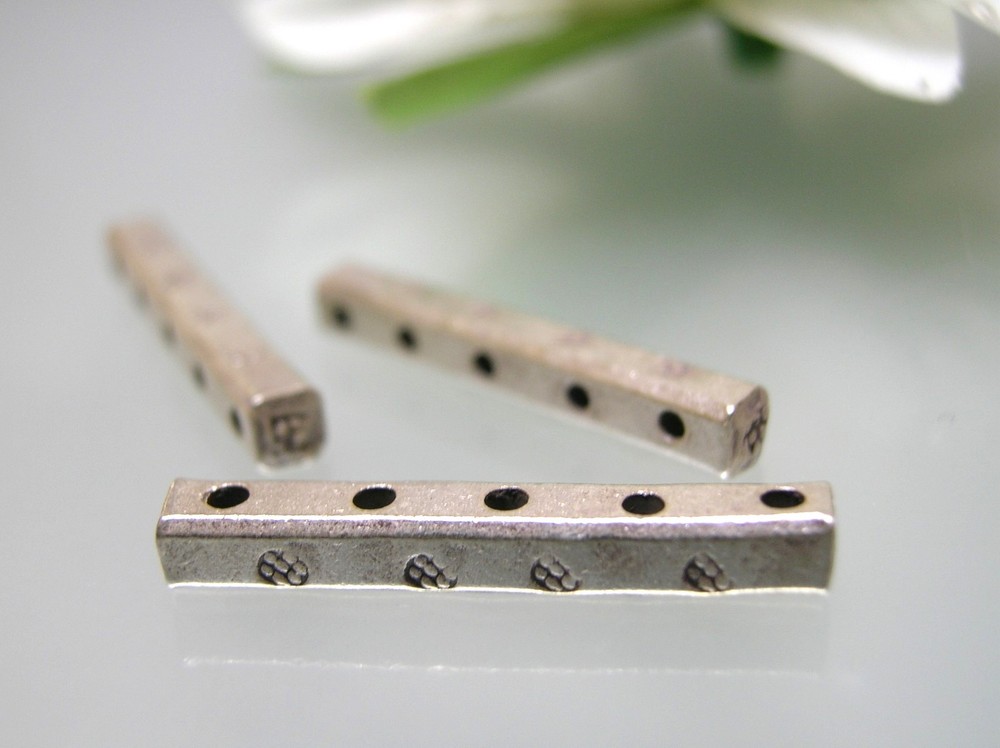 3 pcs Vintage heavy solid sterling silver spacer bar 3D rectangular cube 5 holes