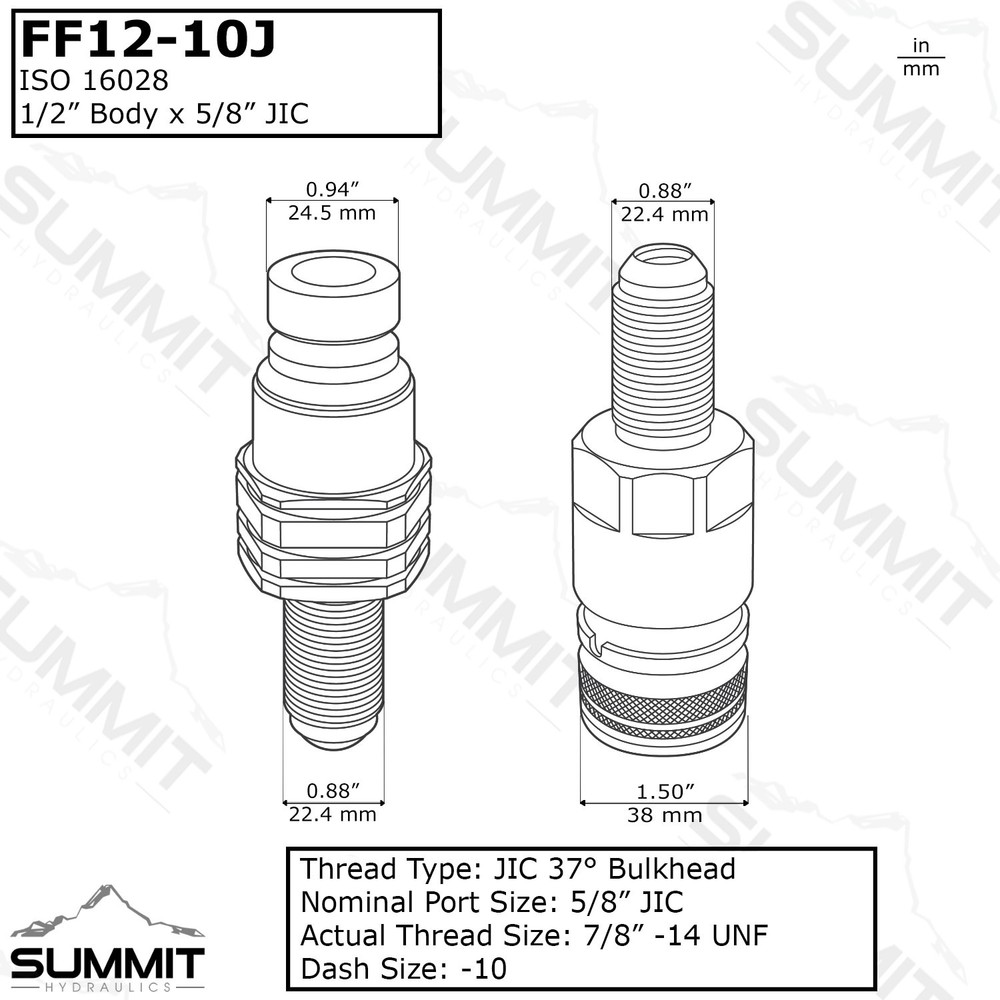 Flat Face Hydraulic Quick Connect Coupler, #10 JIC Bulkhead Skid Steer Mount
