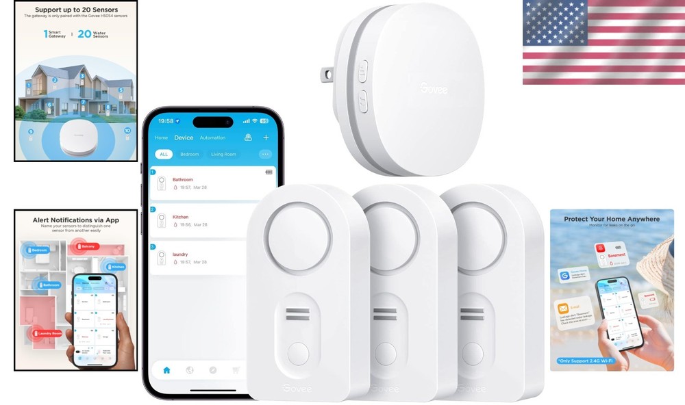 Smart Water Leak Sensor Set - 3 Pack with Adjustable 100dB Alarm Notifications