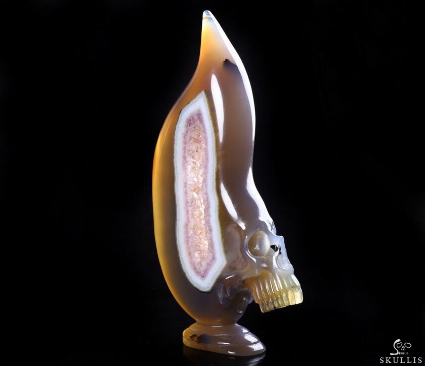 Original Design 8.1" Agate Amethyst Geode Carved Crystal Skull Bookend