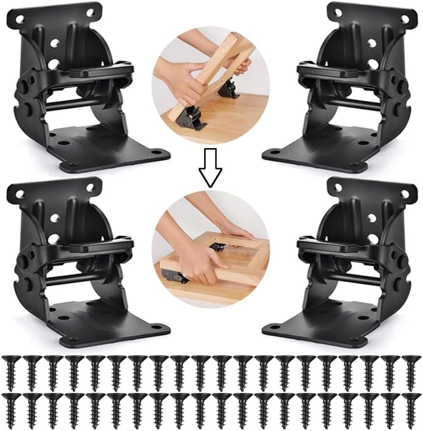 4 Pack Folding Brackets, Self-Locking Hinges with Screws & Non-Slip Pads, 500LB