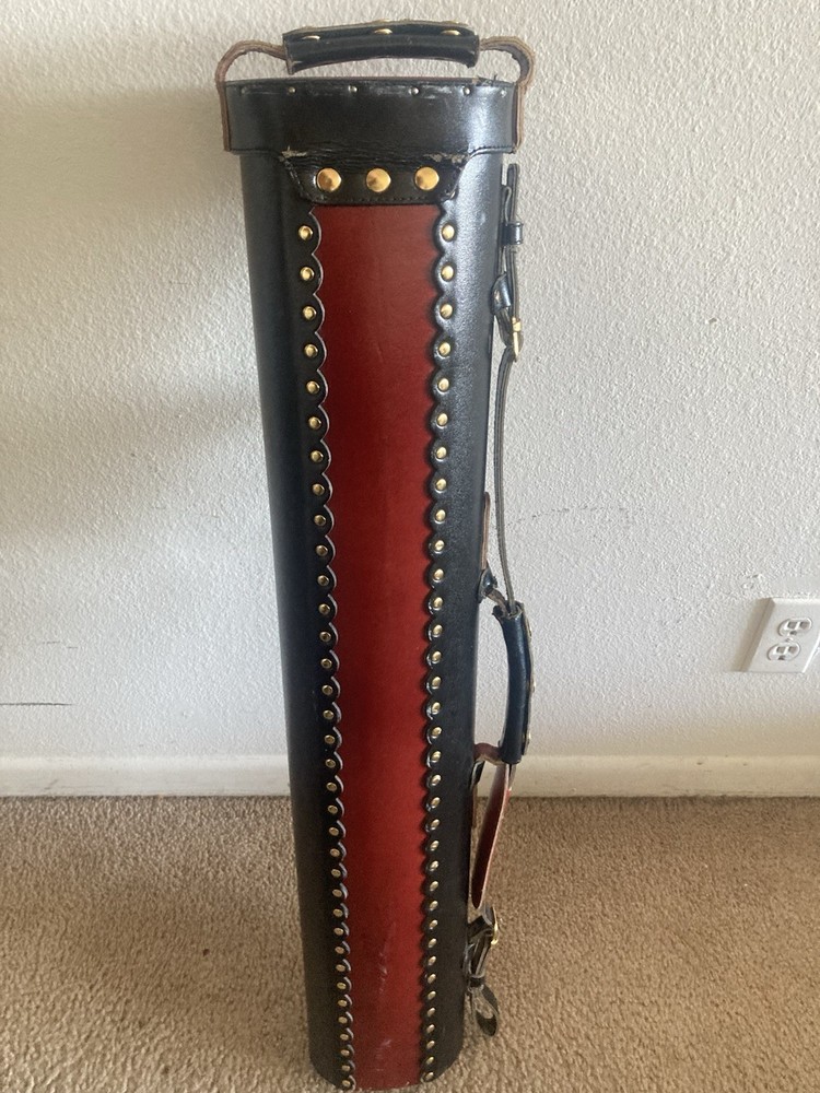 Black Red Leather Hard Billiard Cue Case Studded Multi-Compartment pool case