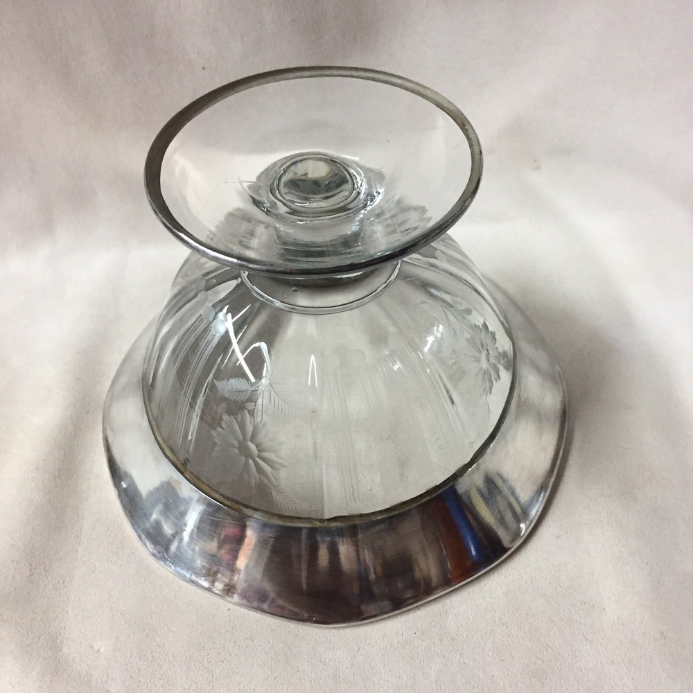 Antique Sterling Silver Etched Glass Compot Dish 7”