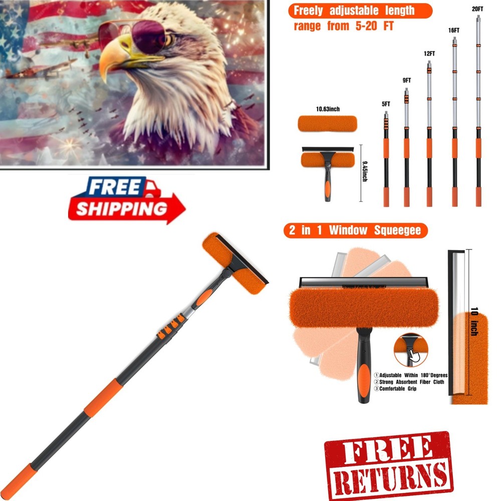 Multi-Surface Window Squeegee with 20FT Telescoping Pole & Streak-Free Finish