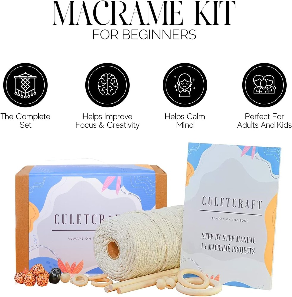 Macrame Kit for Beginners 153pc, 15 Projects Book, 164yd Cotton Macrame Cord