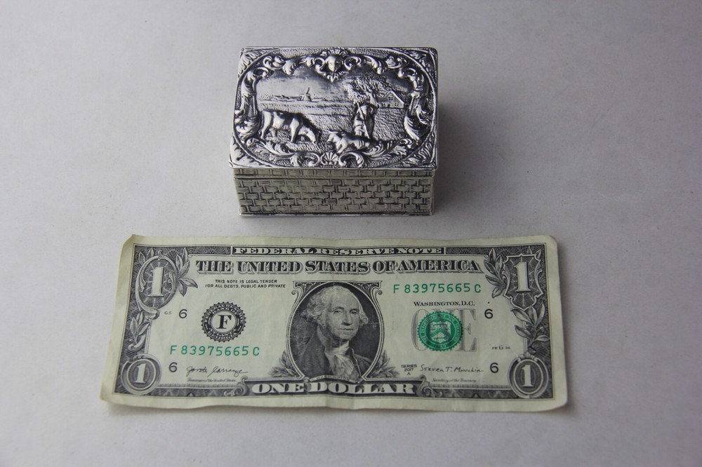 Antique German Hanau 800 Silver Rectangular Hinged Box w/ Embossed Farming Scene