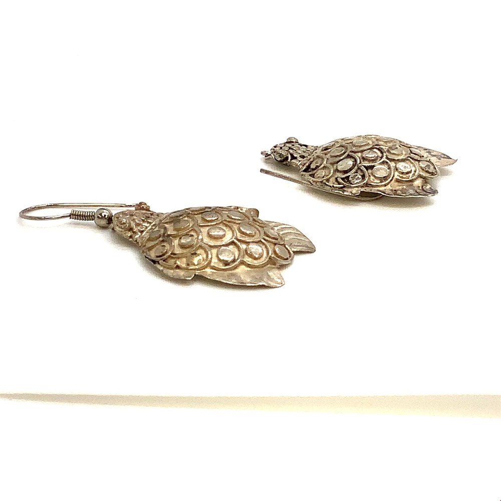 Vintage Signed Sterling Handcraft Bali Design Turtle Drop Dangle Hook Earrings
