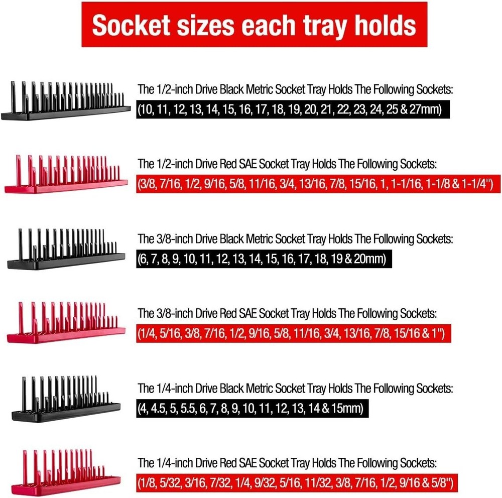 6PC Socket Organizer Set, Red SAE & Black Metric Trays