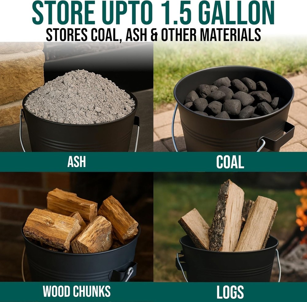 1.5 Gallon Mini Ash Bucket with Lid & Tools - Elegant Black Fireplace Solution