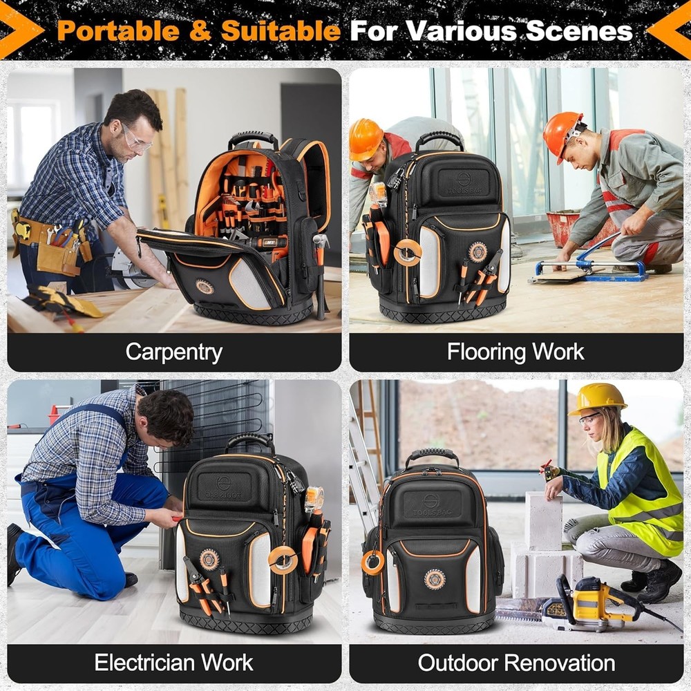 Professional Tool Backpack with 75 Pockets & Pull-Out Storage - Black & Orange