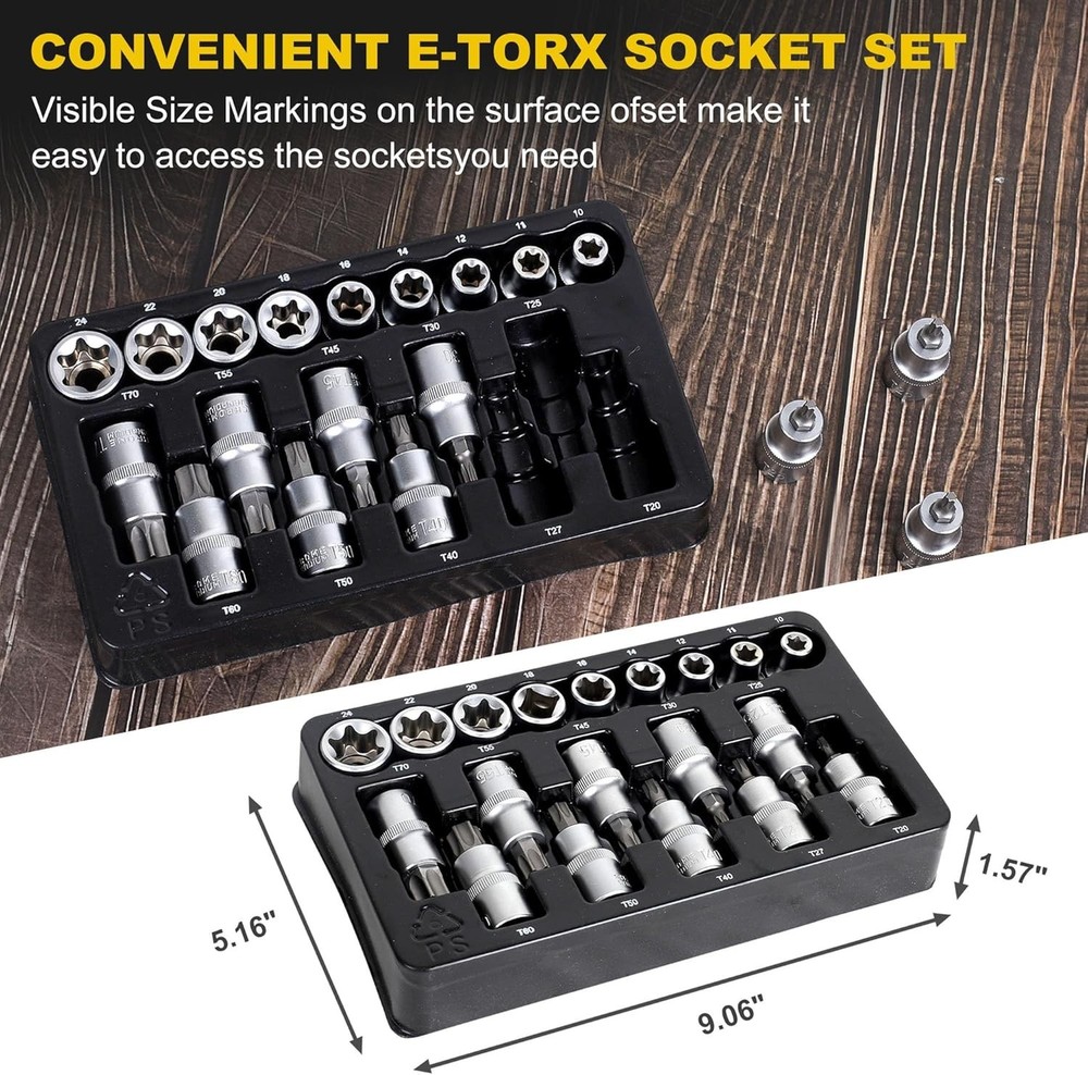 19-Piece 1/2” Drive E-Torx Socket Set & Torx Bit Socket Set W/ Storage case