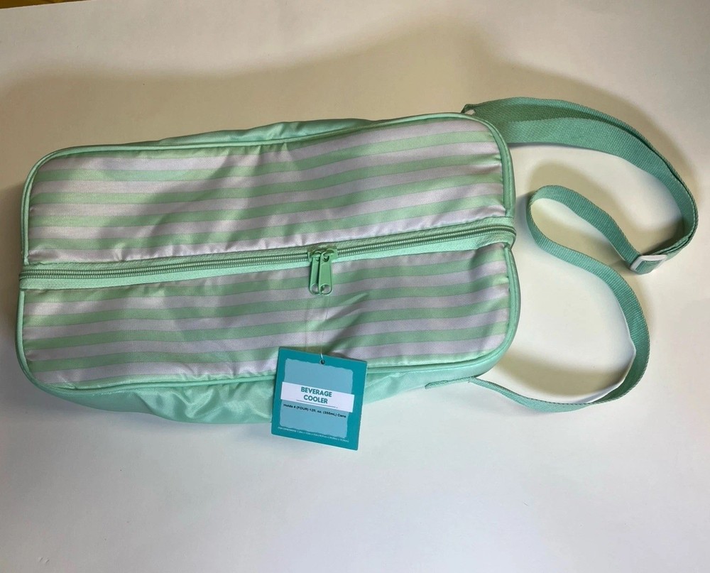 Beverage Cooler Pastel Green Striped Pattern Zipper Closure Cans Wine Snacks