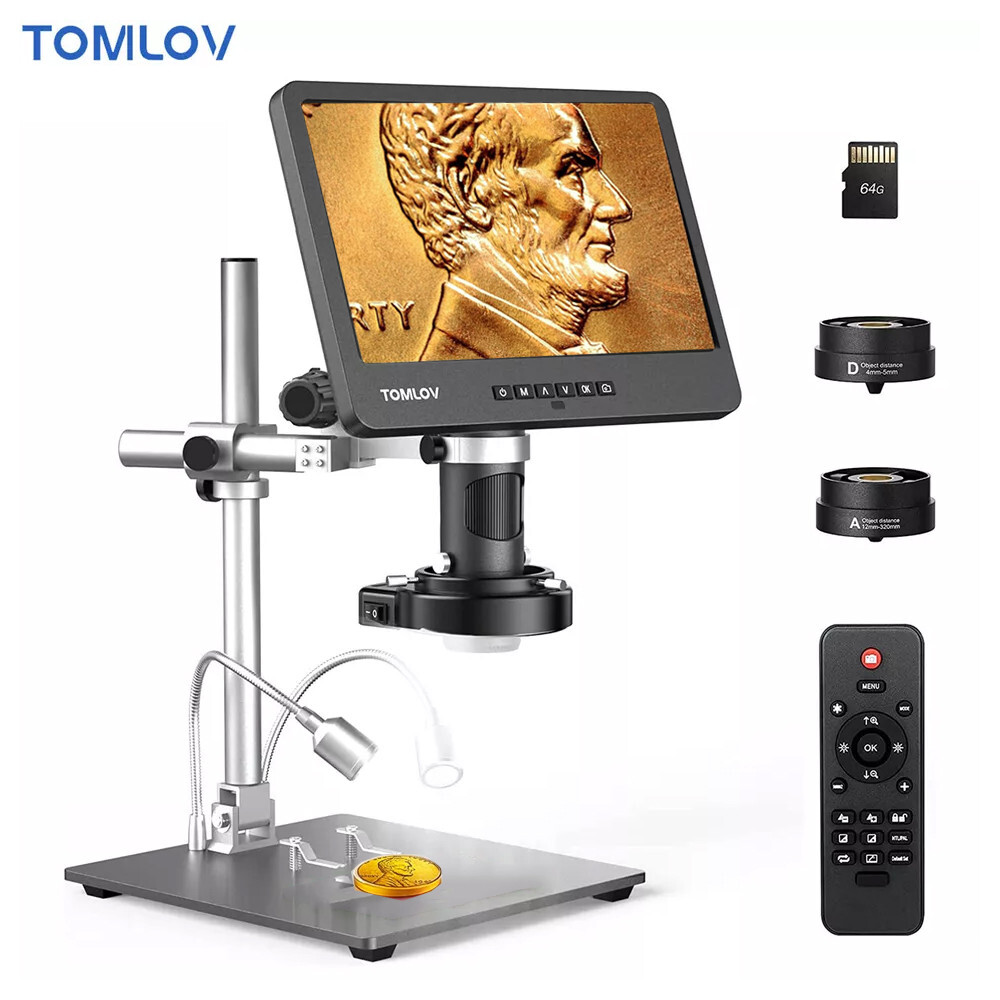 TOMLOV Digital Microscope 2000X 10.1" Screen Coin Microscope 144 LED Workbench