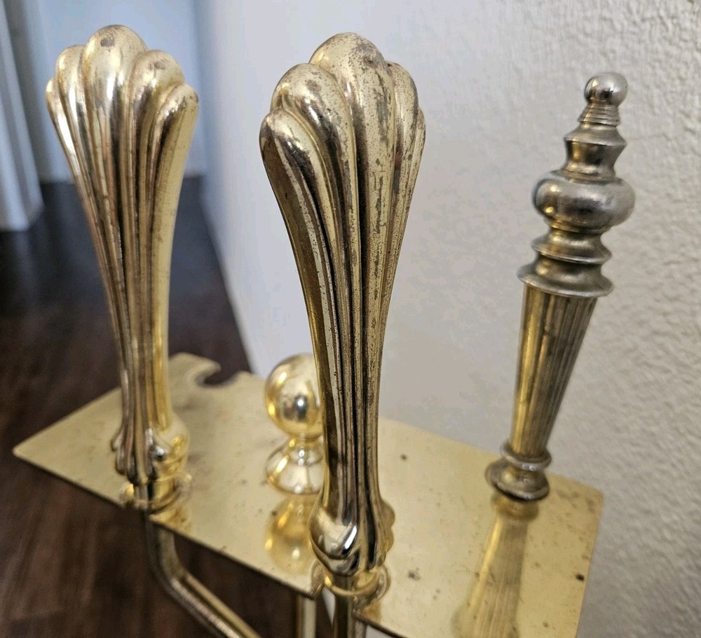 Vintage S.M.I. Solid Brass Fireplace Tool Set | Heavy Shell Nautical 29" | MCM