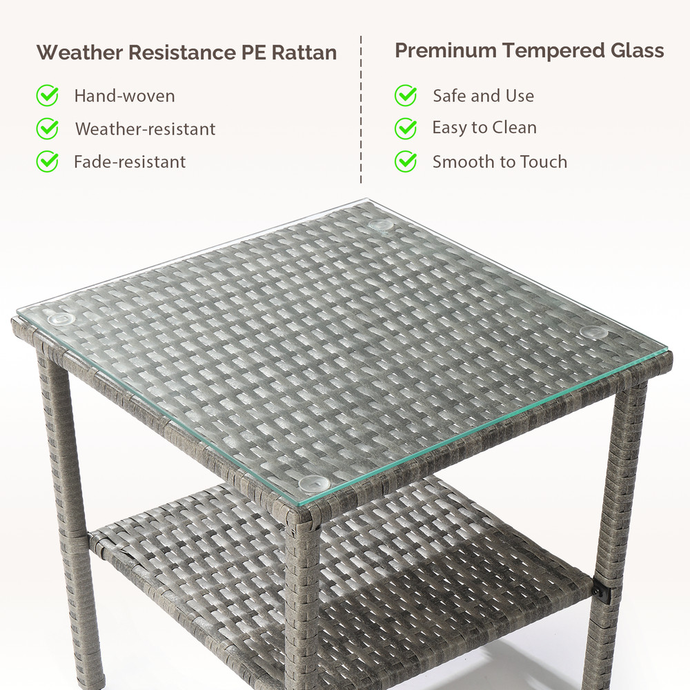 New Square Double-layer Glass Tabletop Gray Gradient Rattan Edge Table.