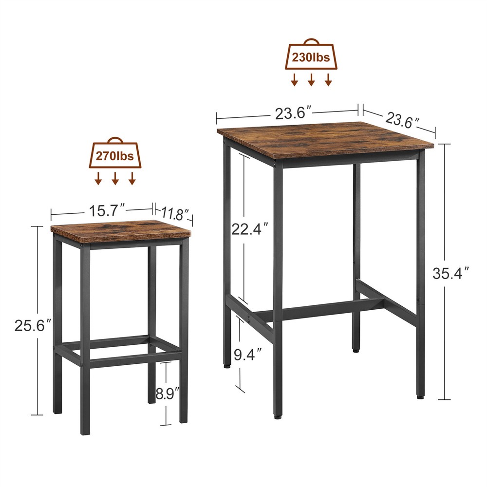 3 Piece Bar Table Set Counter Height Kitchen Dining Table w/ 2 Bar Stools US