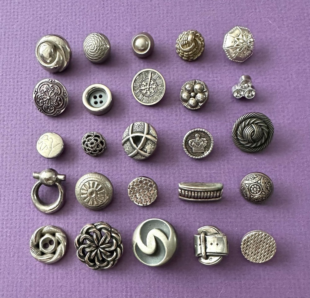 24 VTG Silver-Tone Plastic Buttons - Many Designs & Realistics - No Duplicates